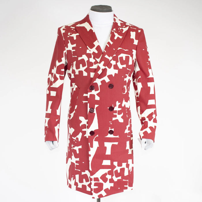 Red and White Patterned Print Overcoat