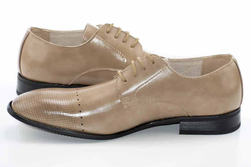 Sand Brown Leather Perforated Derby Lace-Up Dress Shoes
