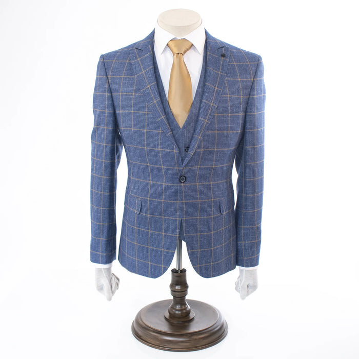 French Blue and Gold Window Pane Slim-Fit 3-Piece Suit