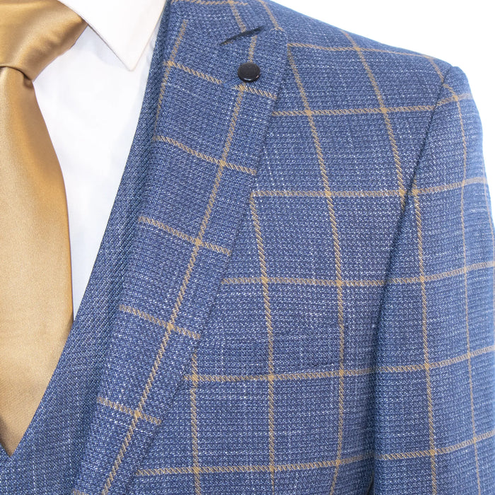 French Blue and Gold Window Pane Slim-Fit 3-Piece Suit