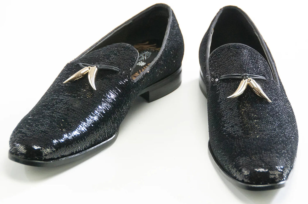 Black Sequin Dress Loafer with Horn Tassels