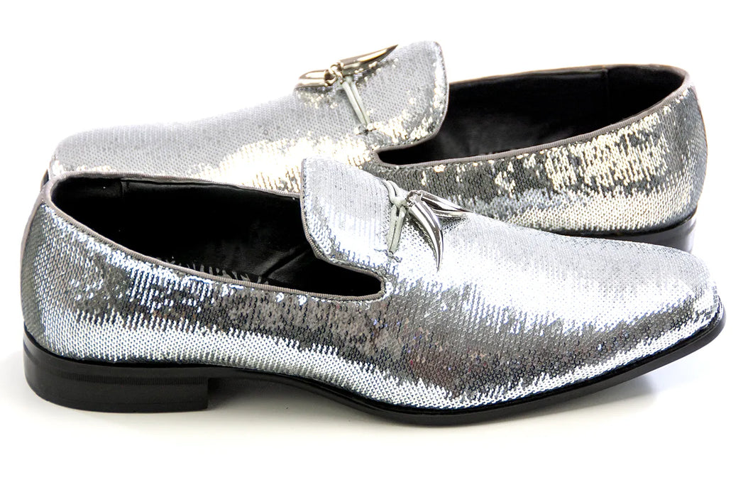 Silver Sequin Dress Loafer with Horn Tassels