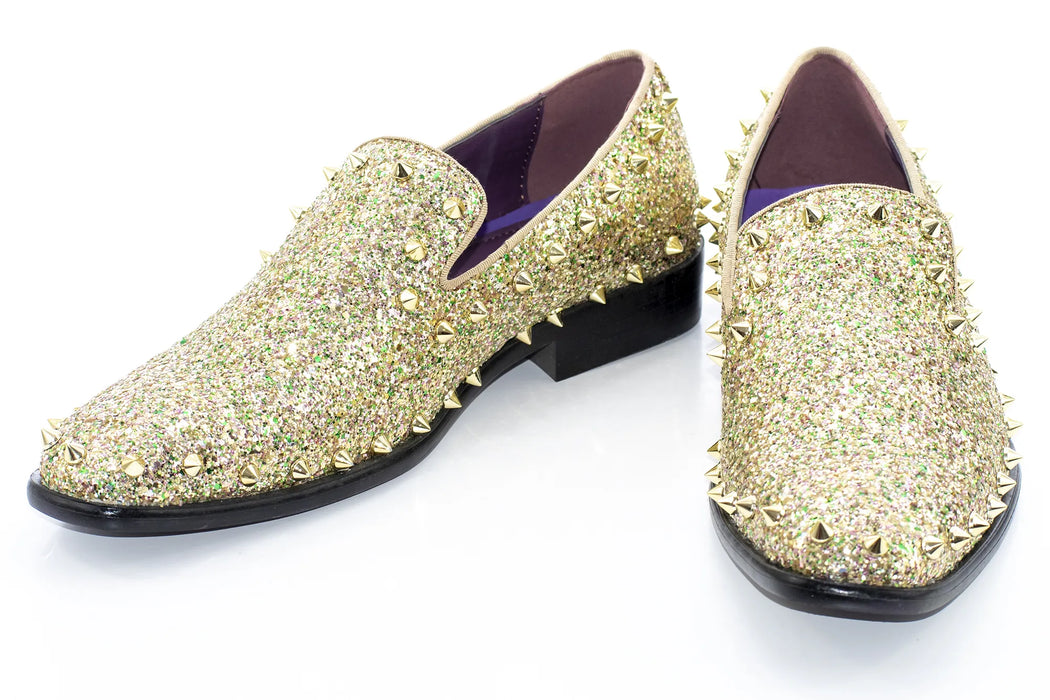 Gold Glitter and Spiked Smoking Loafer