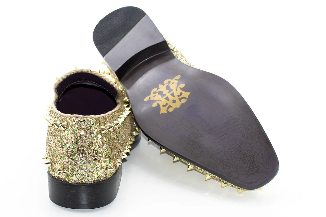 Gold Glitter and Spiked Smoking Loafer