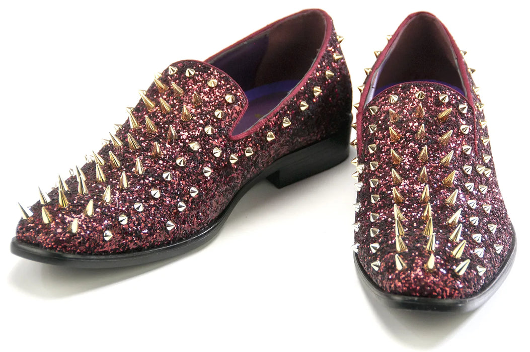 Burgundy Spiked Glitter Smoking Loafer Front Upper And Outsole