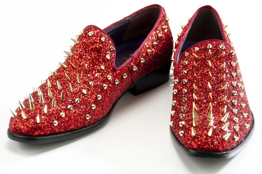 Chili Red Spiked Glitter Smoking Loafer Front Upper And Outsole