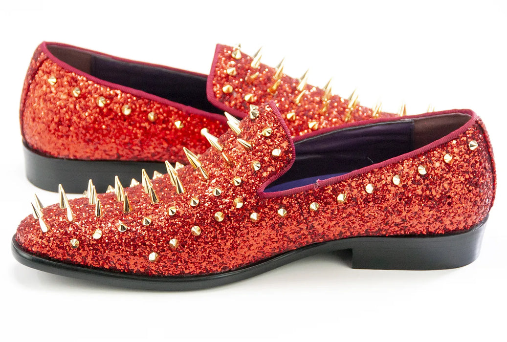 Chili Red Spiked Glitter Smoking Loafer Side
