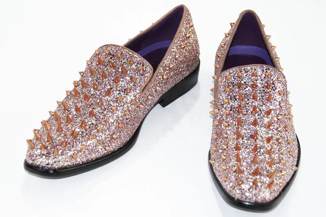 Rose Gold Spiked Glitter Smoking Loafer Front Upper And Outsole