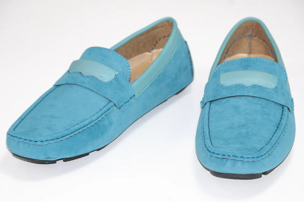 Turquoise Velvet Driver Loafers With Leather Topline