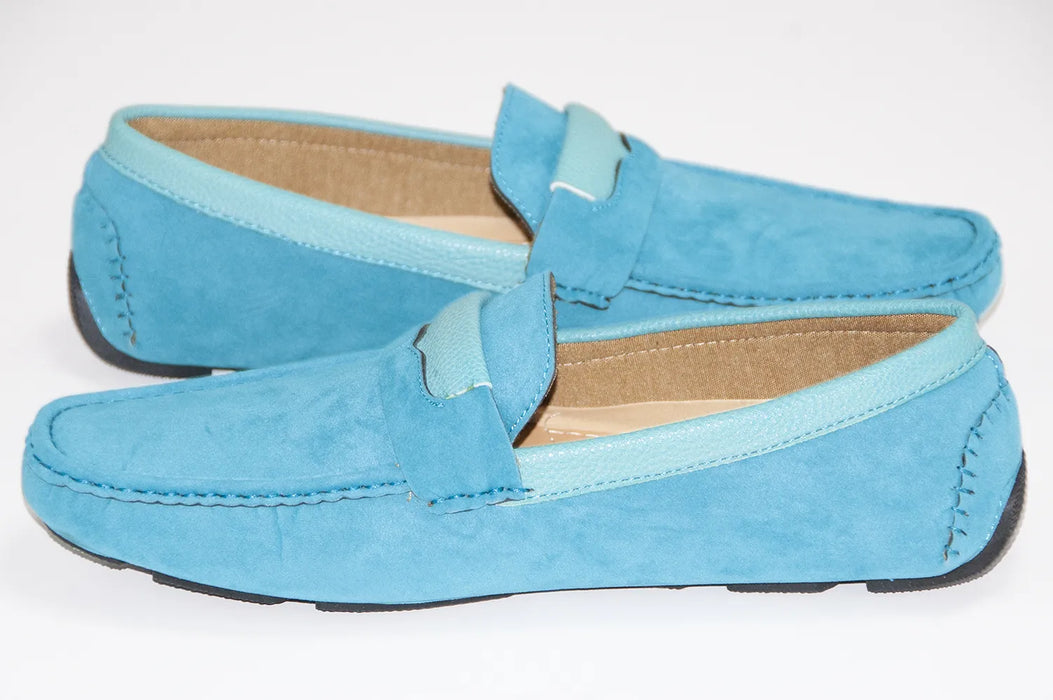 Turquoise Velvet Driver Loafers With Leather Topline