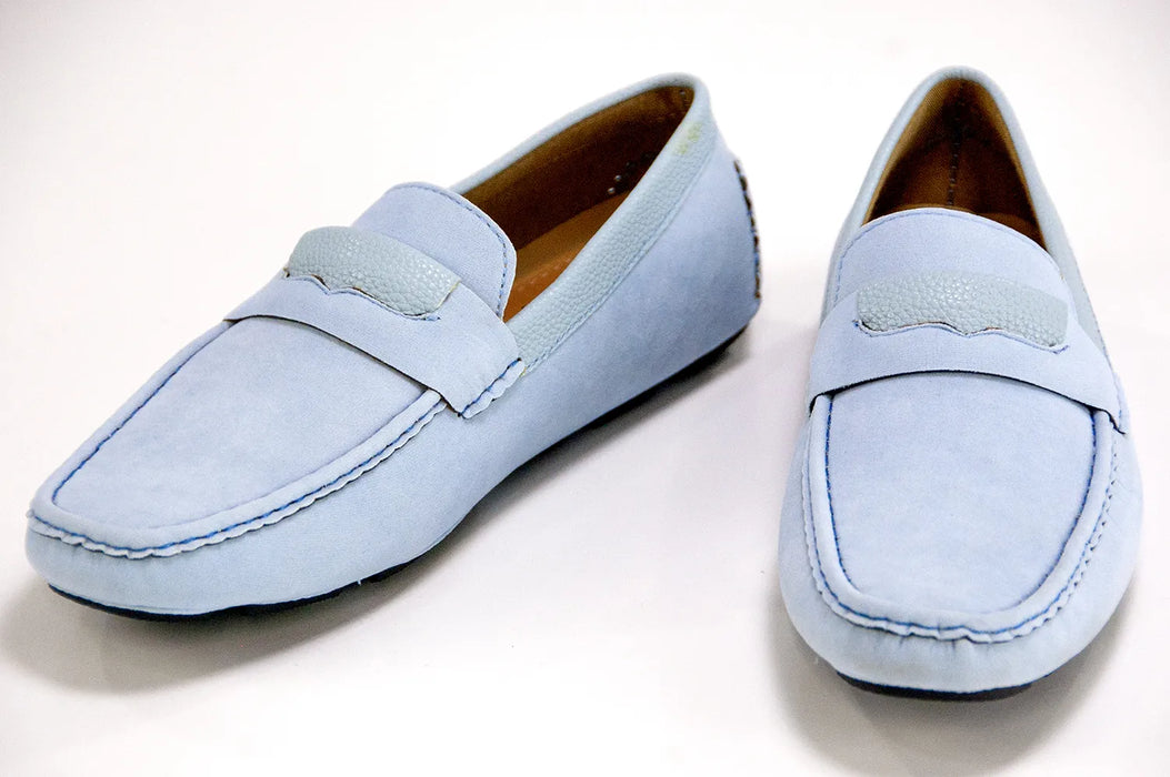 Light Blue Velvet Driver Loafers With Leather Topline