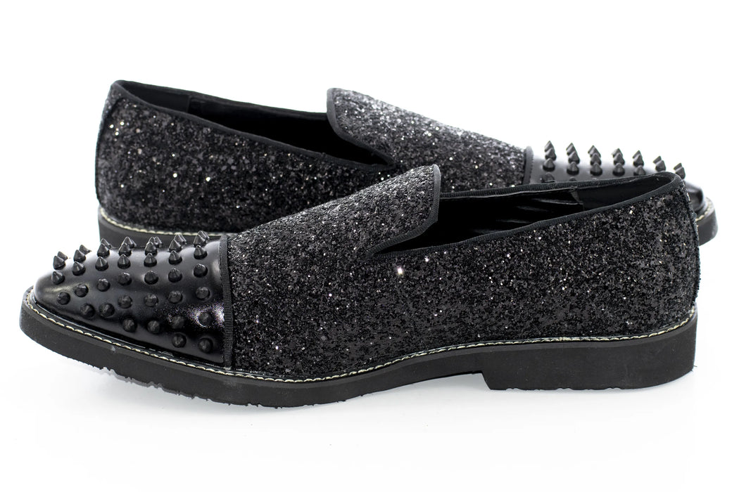 Black Glitter Spiked-Toe Loafers