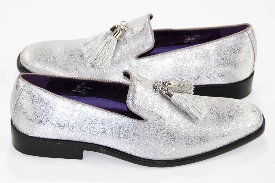Silver Metallic Smoking Loafer With Tassels