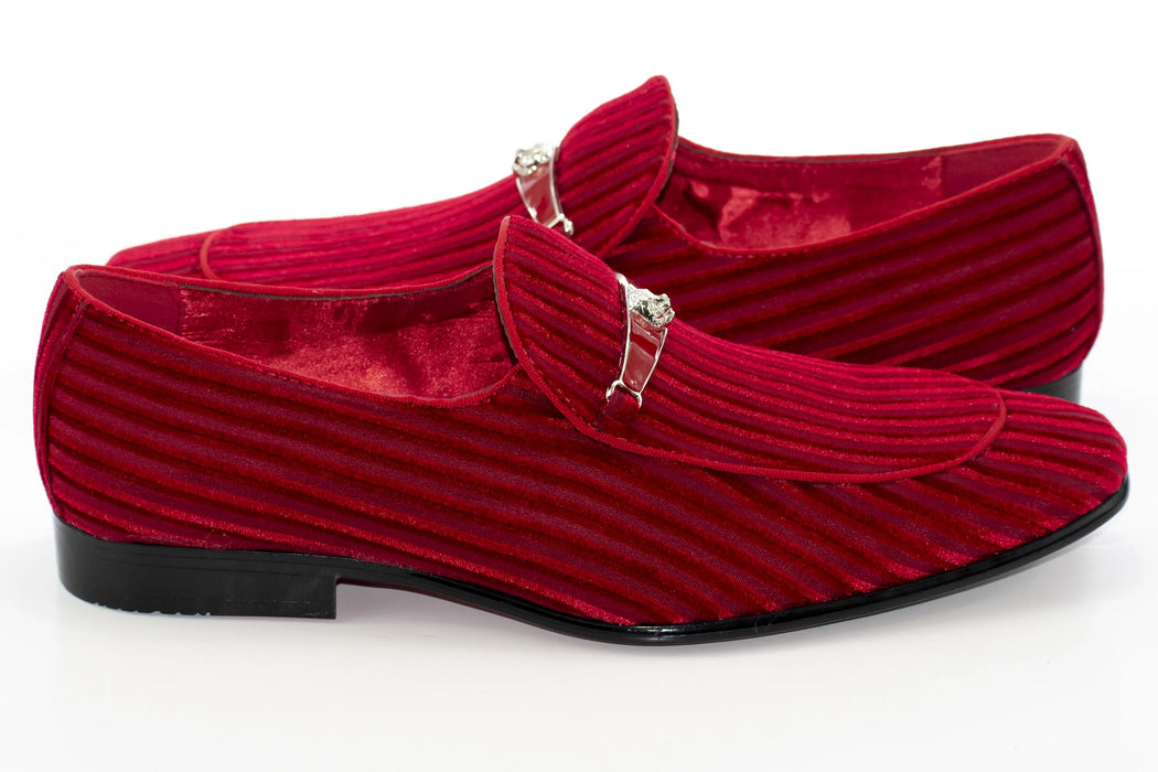 Men's Cherry Red Striped Velvet Loafer -  Quarter, Heel