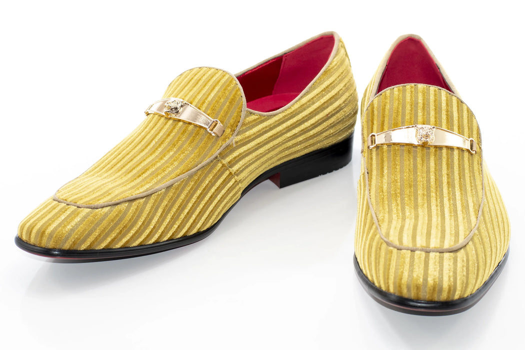 Men's Gold Striped Velvet Loafer - Vamp, Toe, Outsole