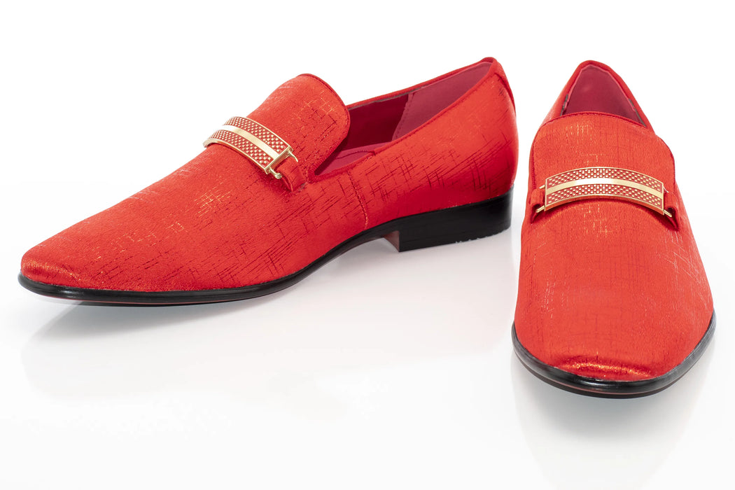 Fire Red Textured Loafer With Rectangular Bit