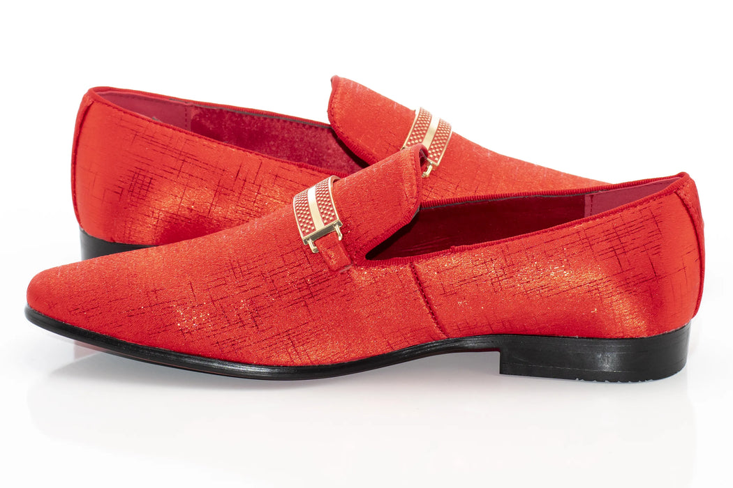 Fire Red Textured Loafer With Rectangular Bit