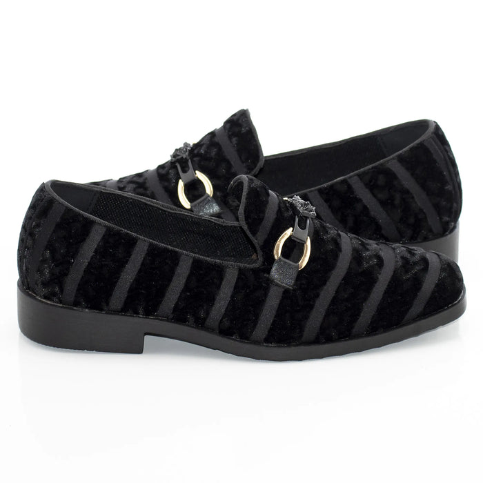 Black Striped Velvet Kid's Loafers