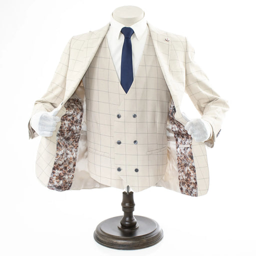 Men's Beige Checked 3-Piece Tailored-Fit Suit - Double Breasted Vest 