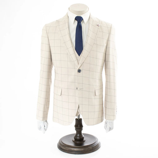 Men's Beige Checked 3-Piece Tailored-Fit Suit - Single Button Closure