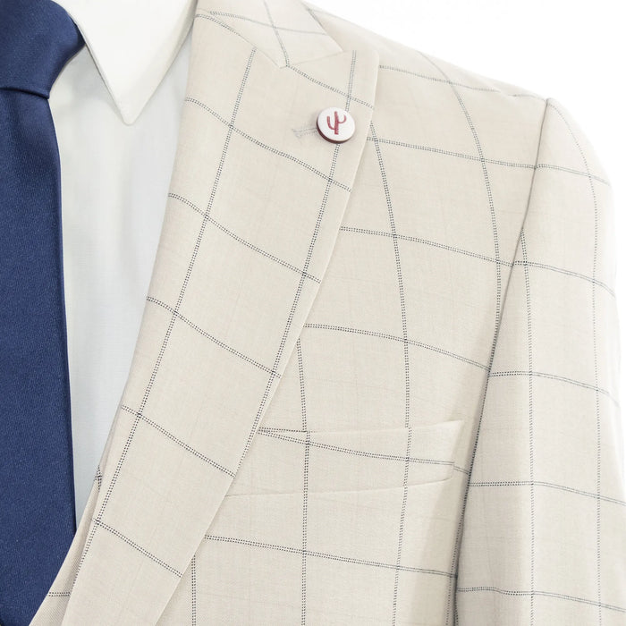 Men's Beige Checked 3-Piece Tailored-Fit Suit - Peak Lapel