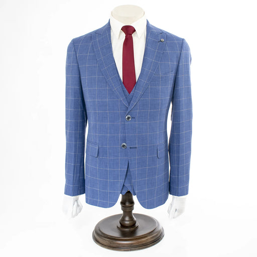 Men's Blue Checked 3-Piece Tailored-Fit Suit - Front Button Closure