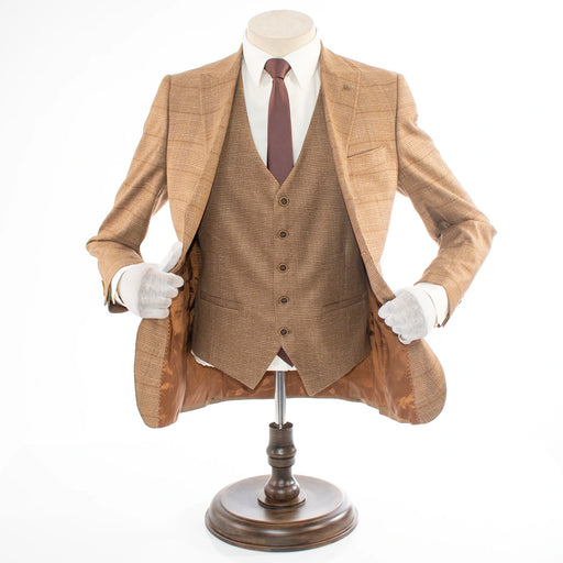 Men's Brown Checked 3-Piece Tailored-Fit Suit - Single Breasted Vest