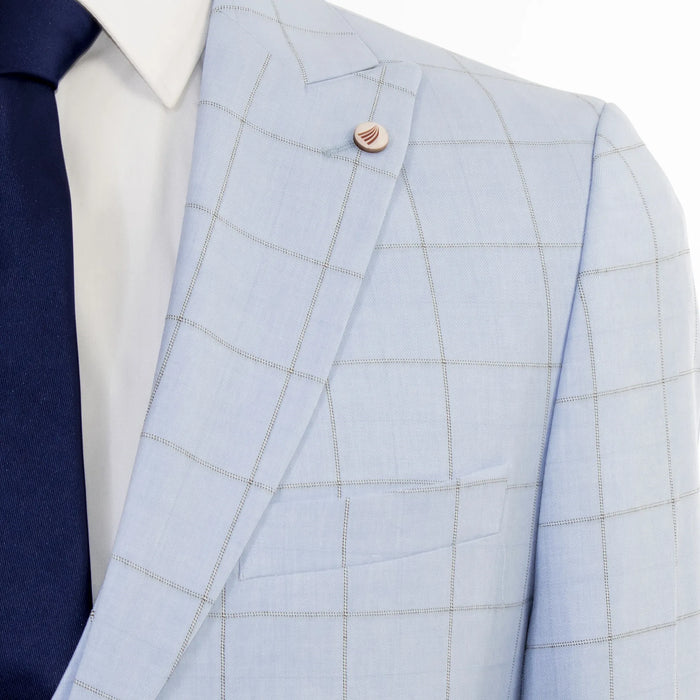 Men's Light Blue Checked 3-Piece Tailored-Fit Suit - Peak Lapel
