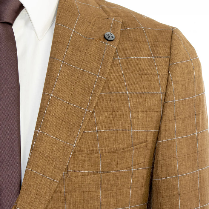 Men's Light Brown Checked 3-Piece Tailored-Fit Suit - Peak Lapel