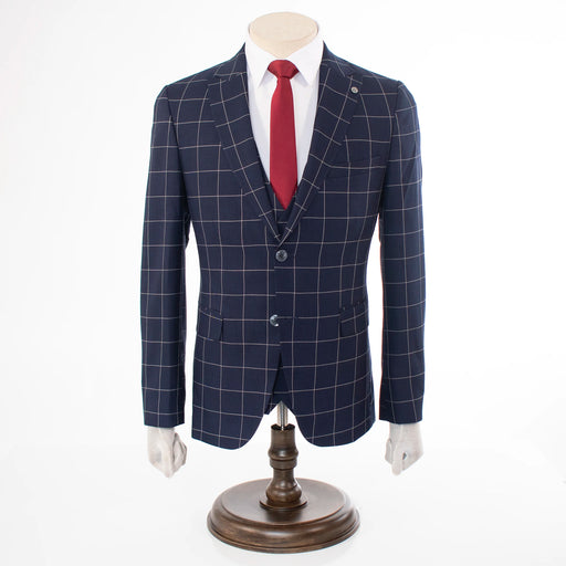 Men's Navy Checked 3-Piece Tailored-Fit Suit - Single Button Closure