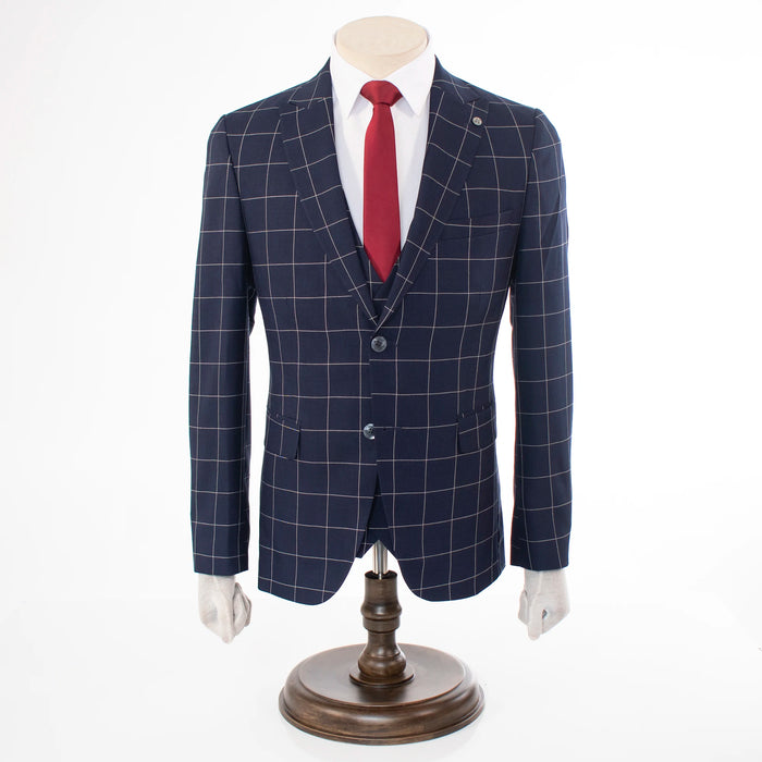 Men's Navy Checked 3-Piece Tailored-Fit Suit - Single Button Closure
