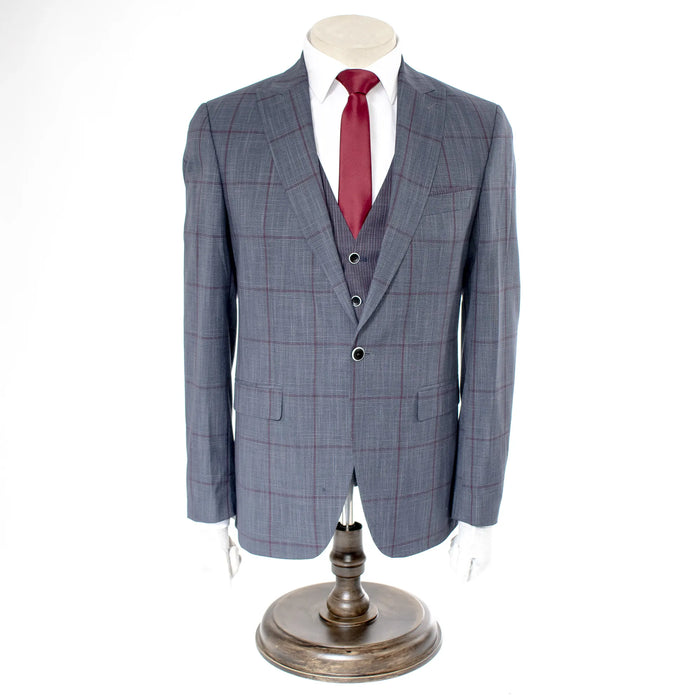 Charcoal And Burgundy Windowpane 3-Piece Slim-Fit Suit