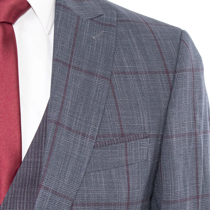 Charcoal And Burgundy Windowpane 3-Piece Slim-Fit Suit
