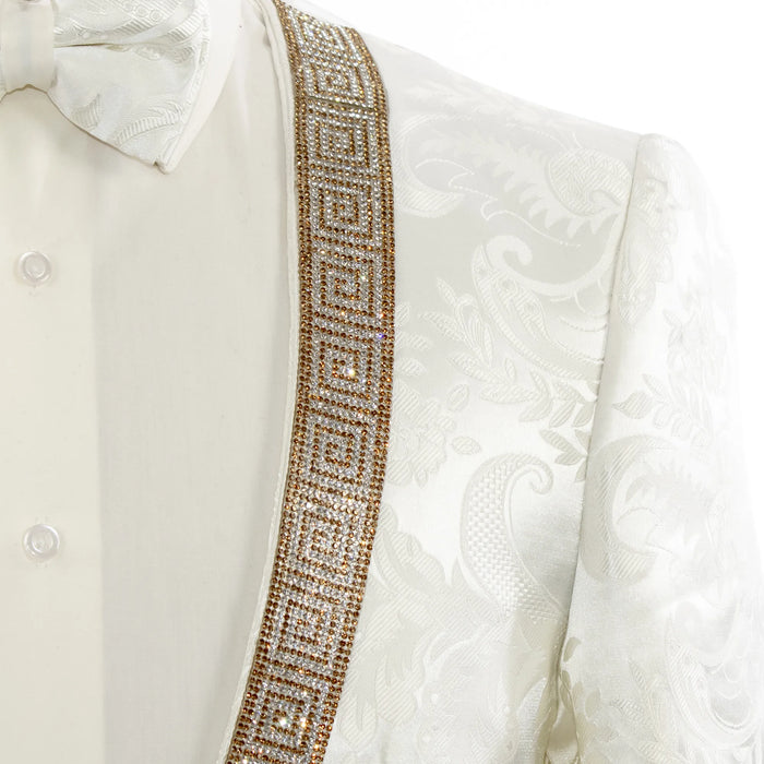 White Damask No Lapel Slim-Fit Tuxedo - Greek Key Rhinestone