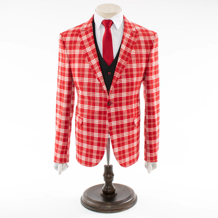 Men's Red And White Plaid 3-Piece Suit With Peak Lapels