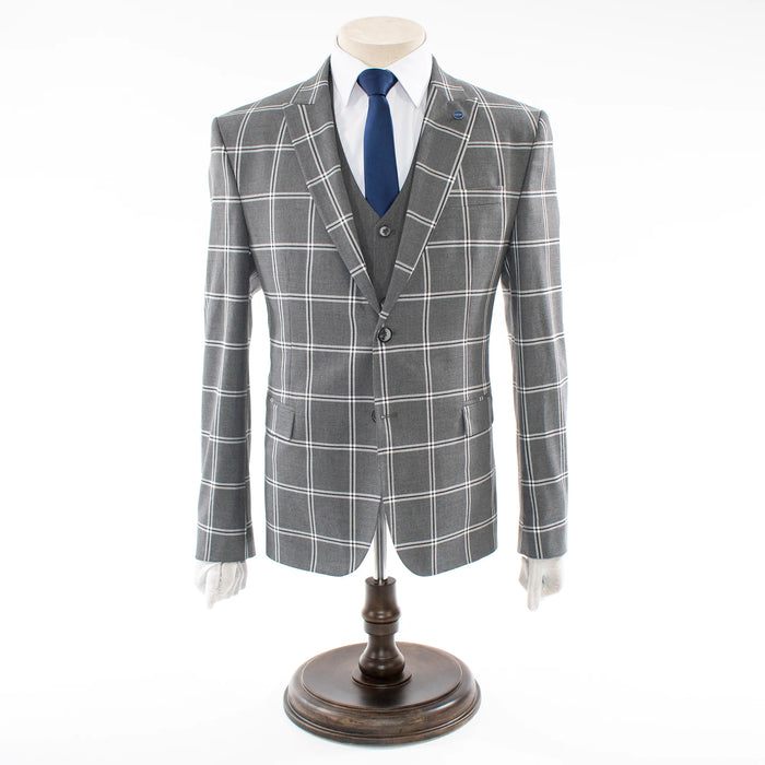 Men's Charcoal Gray Plaid 3-Piece Suit With Peak Lapels