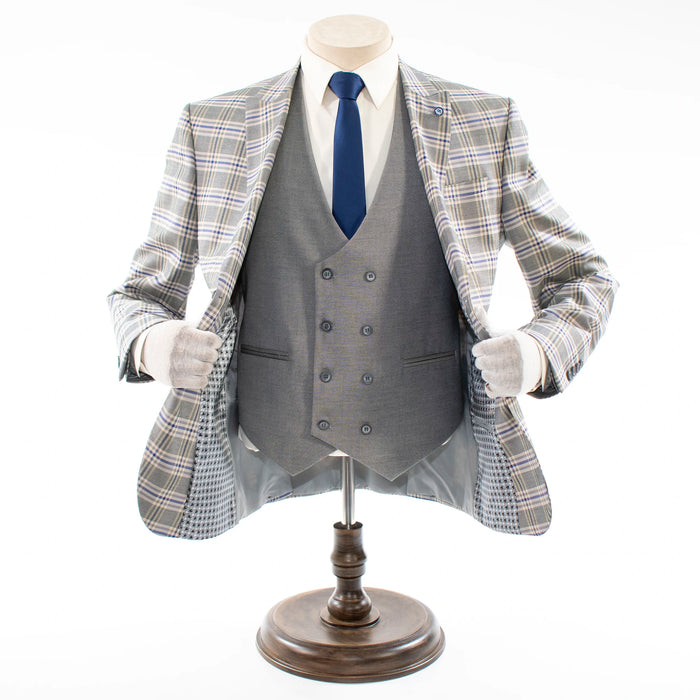 Gray Plaid 3-Piece Tailored-Fit Suit With Peak Lapels