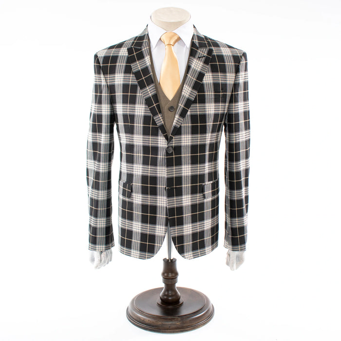 Men's Black And White Plaid 3-Piece Suit With Peak Lapels