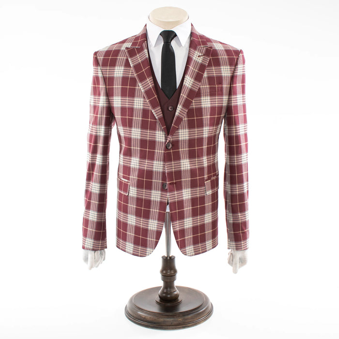 Burgundy Plaid 3-Piece Tailored-Fit Suit With Peak Lapels