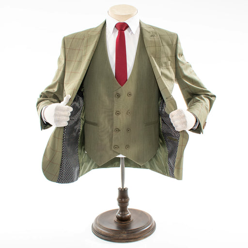 Men's Olive Green Plaid 3-Piece Tailored-Fit Suit With Peak Lapels