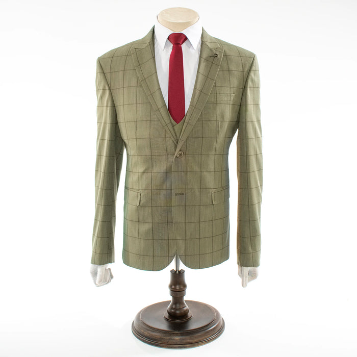 Men's Olive Green Plaid 3-Piece Tailored-Fit Suit With Peak Lapels
