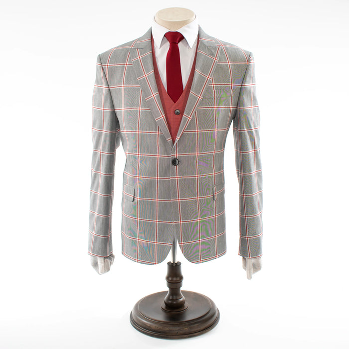 Men's Gray And Red Plaid 3-Piece Tailored-Fit Suit With Peak Lapels