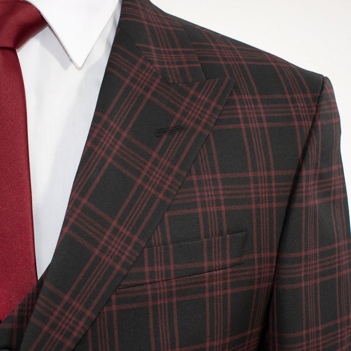 Men's Black And Burgundy Plaid 3-Piece Wool Suit With Peak Lapels