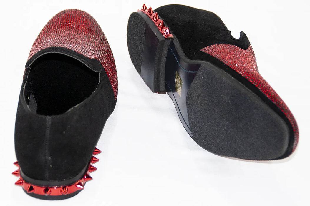 Black Velvet & Red Rhinestone Spiked Heel Loafers