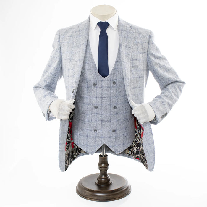 Silver Plaid 3-Piece Slim-Fit Suit With Notch Lapels