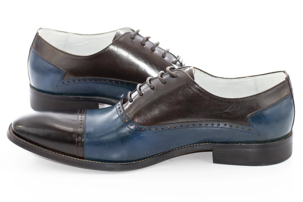 Chocolate Brown And Blue Two-Tone Leather Oxford Lace-Up