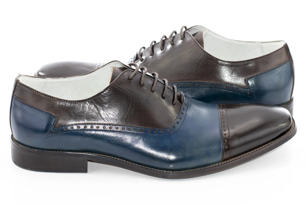 Chocolate Brown And Blue Two-Tone Leather Oxford Lace-Up