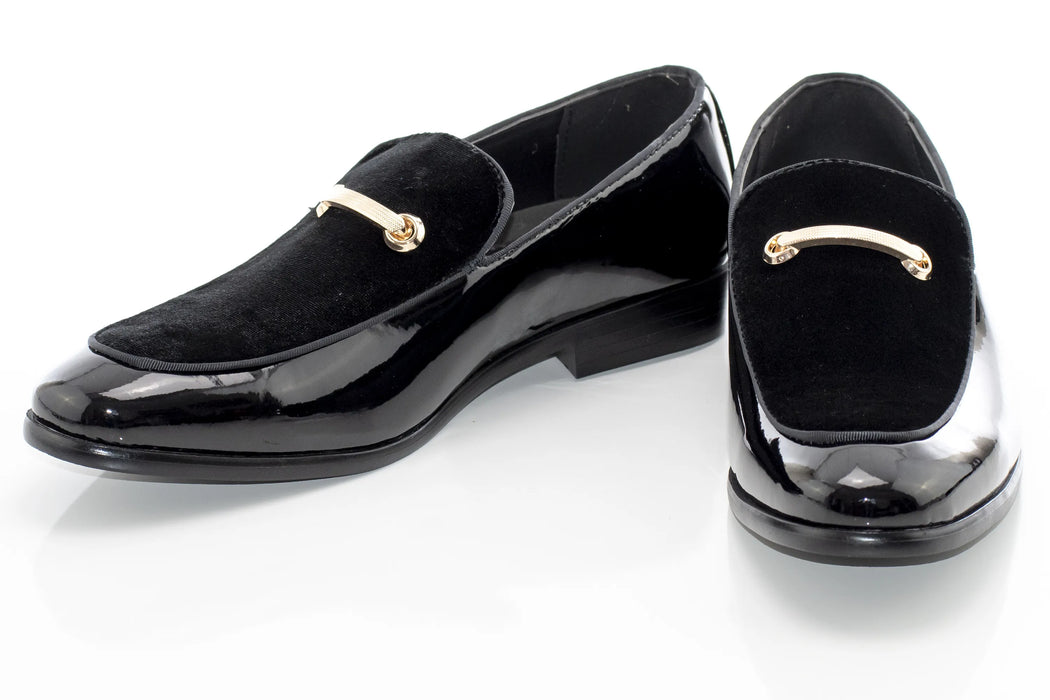 Black Velvet and Patent Leather Smoking Loafers with Gold Bit