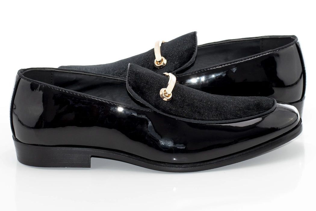 Black Velvet and Patent Leather Smoking Loafers with Gold Bit