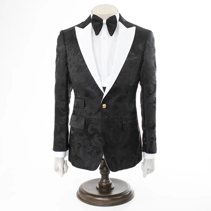 Black And White Baroque 3-Piece Slim-Fit Tuxedo With Satin Lapel